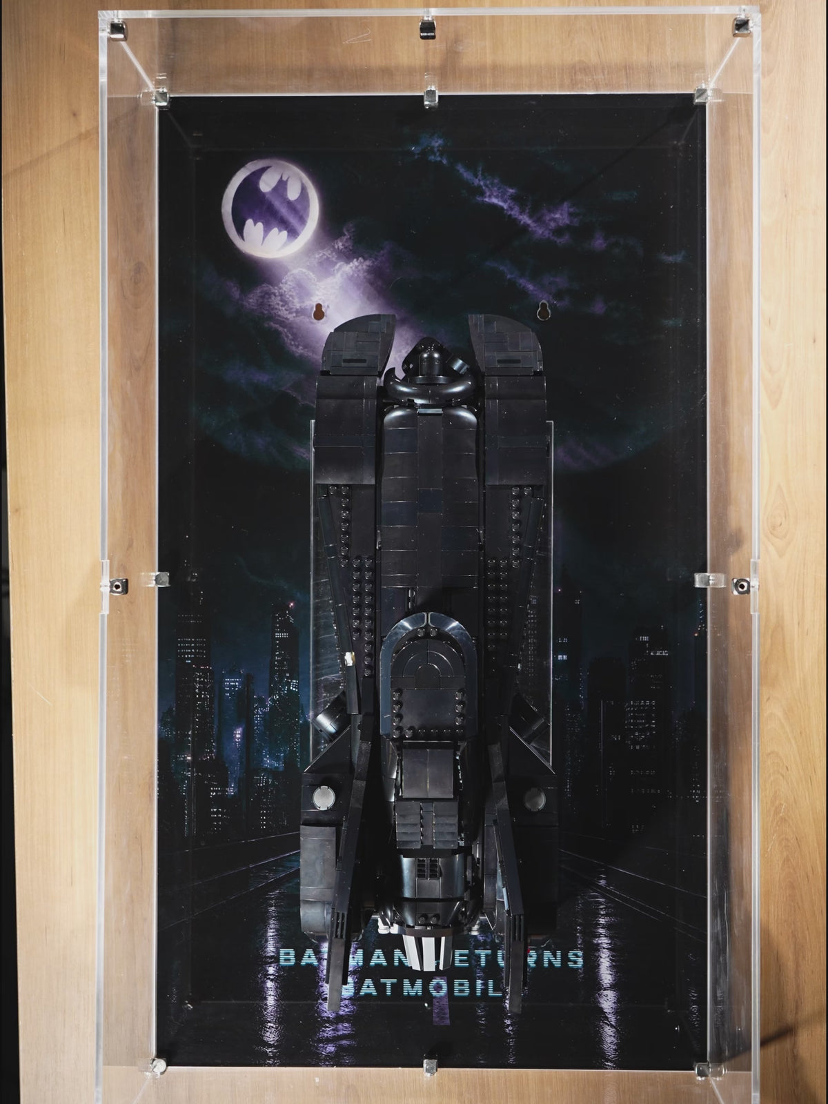 KGBOX display case for LEGO 76355 Batman Returns Batmobile - product video showing the acrylic showcase with UV-printed backdrop and magnetic front door