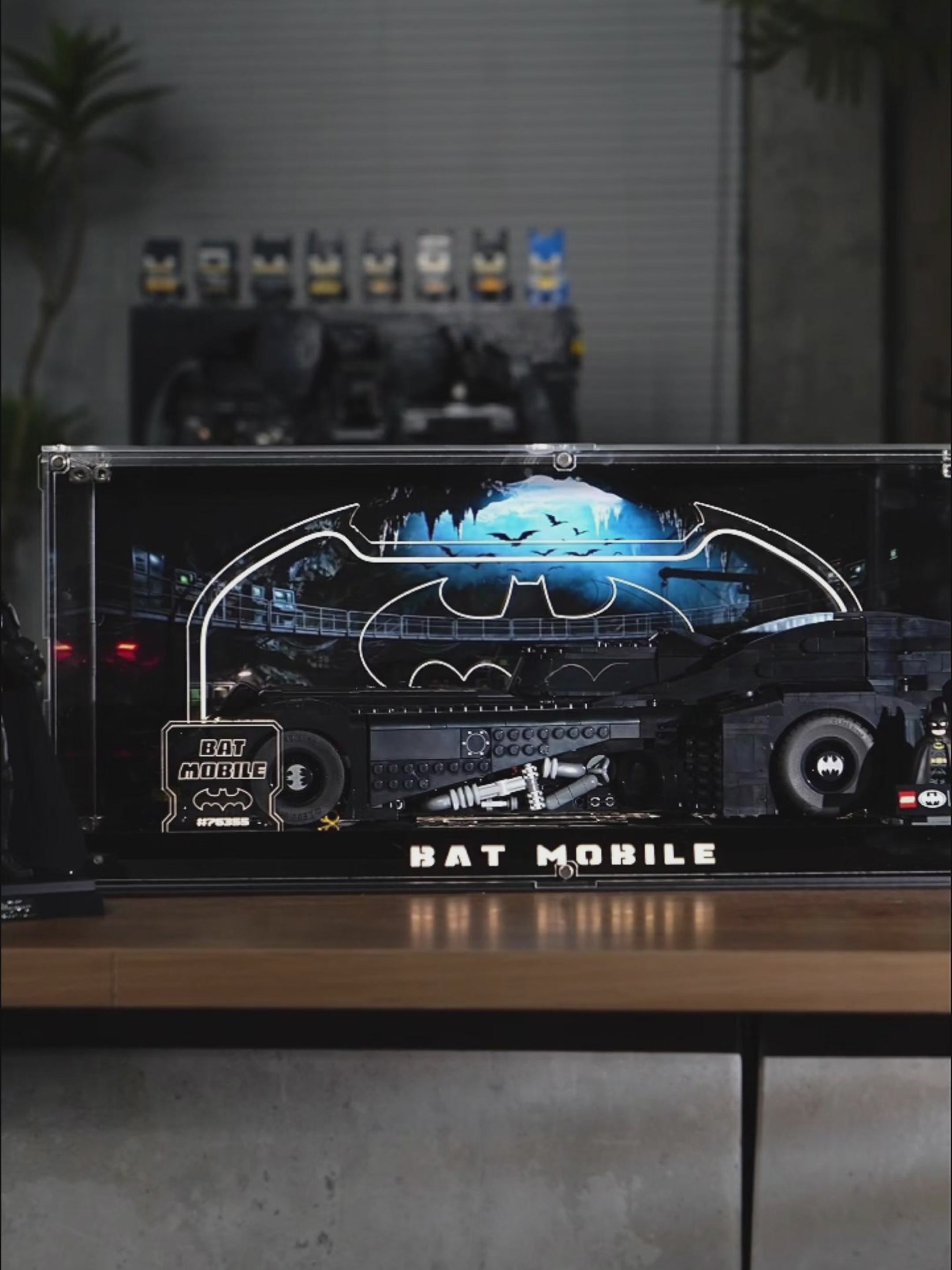 Demo thumbnail for KGBOX Collector Edition display case for LEGO 76355 Batmobile, built‑in LED light, engraved nameplate, laser‑etched insert, assembly‑kit showcase