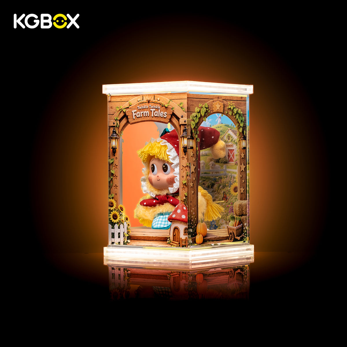 Twinkle Twinkle Farm Tales display case with optional LED light panel, 5-sided UV print plush collector showcase