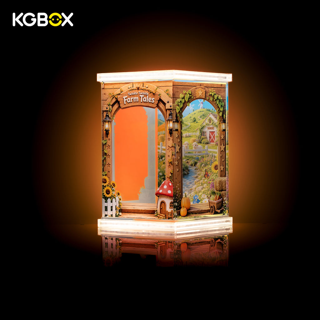 Twinkle Twinkle Farm Tales empty display case with optional LED light panel, 5-sided UV print plush collector showcase